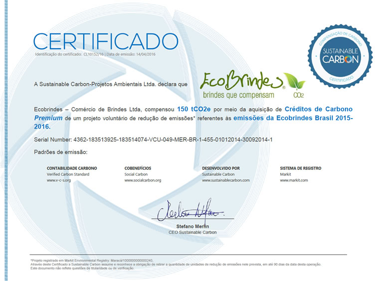 Certificado Emissões de CO2 Ecobrindes®